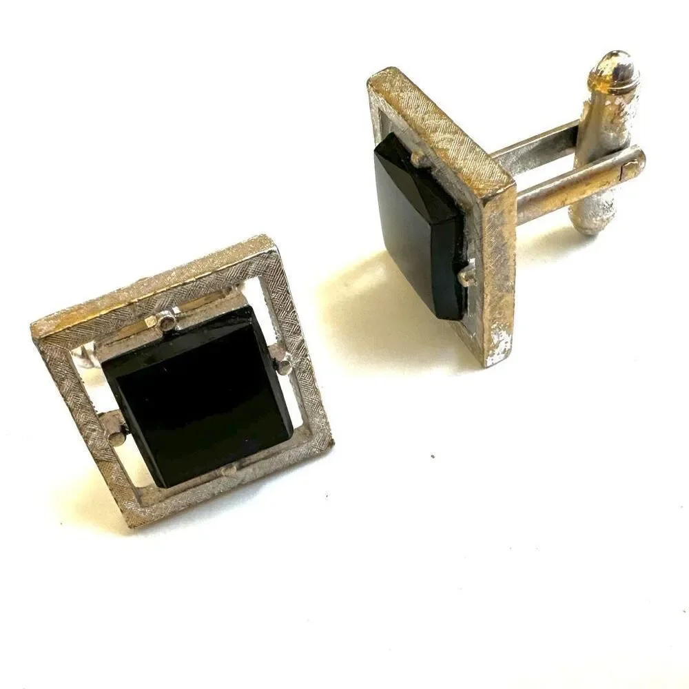 Silver tone Square  Black  vintage cuff links